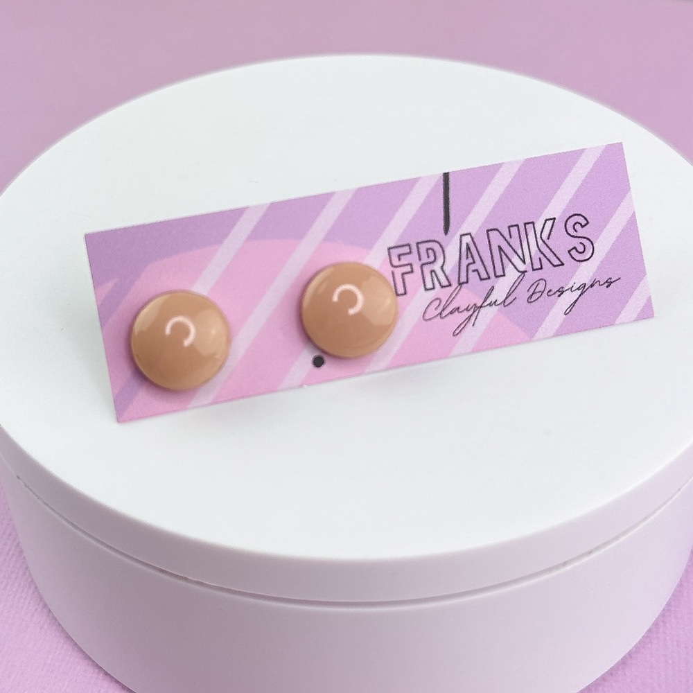 Tan Glossy with Gold Detail Handmade Polymer Clay Small Stud Earrings